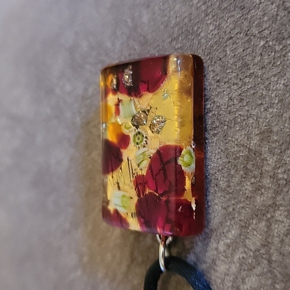 MURANO Rectangle Red Gold Metallic Art Glass Pendant Rope Necklace - Picture 5 of 5